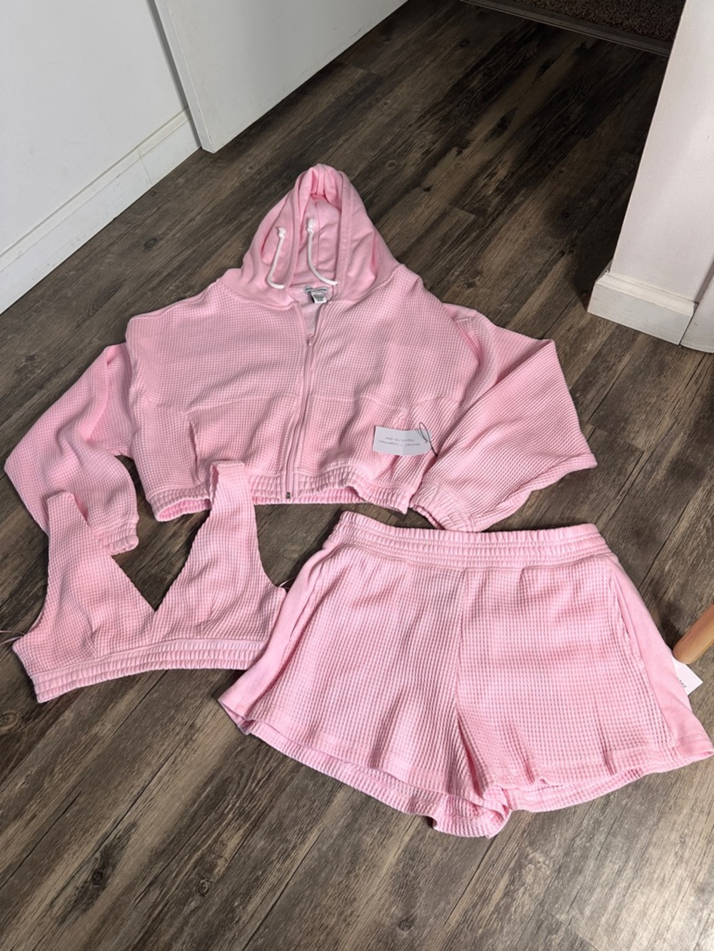Cozy Pink Waffle-Knit 3-Piece Lounge Set — Hoodie, Crop Top & Shorts